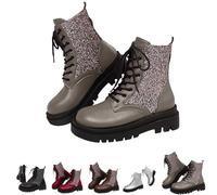 MASHANGGOU Women's Glitter Ankle Boots, Lace Up Chunky Platform Combat Booties with Side Zipper, Sparkly PU Leather Short Boots Fashion British Style Retro Round Toe Ankle Shoe (Gray,37)