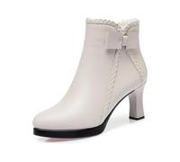 MASHANGGOU Women's Pointed Toe High Heel Ankle Boots,Side Zip Comfortable Fur Lined Booties,Womens Solid Minimalist Winter Boot (Beige 9cm heel,34)