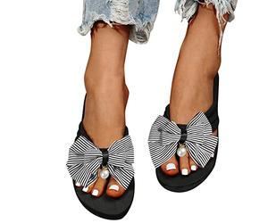 Mashaouyo Damen-Sandalen Sommer Hausschuhe Zehentrenner mit Schleifen oder Blumen Flach rutschfest Plattform Pantoletten Strandsandaletten Fußkorrektur Sandale Römische Flip Flops Mode