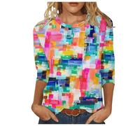 Masrin 3/4 arm Shirt Damen Bunt Batik Druck Tshirt Rundhals Dreiviertelärmel Tunika Y2K Regenbogen Druck Pulli Tops Frühlings Sommer Pullover Basic Shirts Plus Size Bluse Streetwear S-5XL