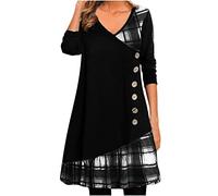 Masrin A-Linie Kleid Damen Kleider Kariertes Patchwork Minikleid Langärmliges Skaterkleid mit V-Ausschnitt Kaschmir Frühlingskleid Tunikakleid in Übergröße Freizeitkleid Blusenkleid S-5XL