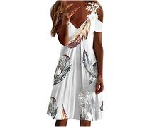 Masrin A Linie Kleid Damen Minikleid mit Spitze Riemen Schulterfreies Sommerkleid mit kurzen Ärmeln Lässiges Skaterkleid mit Federdruck Fließendes Swing Kleider Urlaub Strandkleid Knielanges Kleid