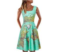 Masrin A-Linien-Kleid für Damen Skaterkleid mit Weltkarten-Print Ärmelloses Sommer-Trägerkleid mit O-Ausschnitt Knielanges Swingkleid Strandkleid für den Urlaub Tägliches Kleid
