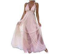 Masrin Abendkleid Damen Lang Elegantes Modisches Ballkleid Einfarbiges Tüllkleid Ärmelloses Cocktailkleid mit V-Ausschnitt Fließendes Swing Kleid Bodenlanges langes Maxikleid Hoher Schlitz Partykleid