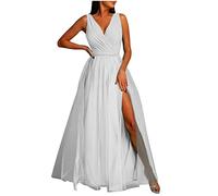 Masrin Abendkleid Damen Lang Elegantes Modisches Ballkleid Einfarbiges Tüllkleid Ärmelloses Cocktailkleid mit V-Ausschnitt Fließendes Swing Kleid Bodenlanges langes Maxikleid Hoher Schlitz Partykleid