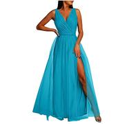 Masrin Abendkleid Damen Lang Elegantes Modisches Ballkleid Einfarbiges Tüllkleid Ärmelloses Cocktailkleid mit V-Ausschnitt Fließendes Swing Kleid Bodenlanges langes Maxikleid Hoher Schlitz Partykleid