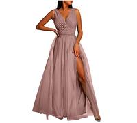 Masrin Abendkleid Damen Lang Elegantes Modisches Ballkleid Einfarbiges Tüllkleid Ärmelloses Cocktailkleid mit V-Ausschnitt Fließendes Swing Kleid Bodenlanges langes Maxikleid Hoher Schlitz Partykleid