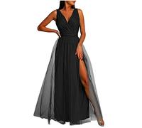 Masrin Abendkleid Damen Lang Elegantes Modisches Ballkleid Einfarbiges Tüllkleid Ärmelloses Cocktailkleid mit V-Ausschnitt Fließendes Swing Kleid Bodenlanges langes Maxikleid Hoher Schlitz Partykleid