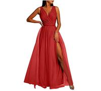Masrin Abendkleid Damen Lang Elegantes Modisches Ballkleid Einfarbiges Tüllkleid Ärmelloses Cocktailkleid mit V-Ausschnitt Fließendes Swing Kleid Bodenlanges langes Maxikleid Hoher Schlitz Partykleid
