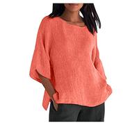 Masrin Baumwoll Leinen Bluse Damen Oversized 3/4 Ärmeln Oberteile Retro Einfarbig Tshirt Dreiviertelärmel Pullover mit O-Ausschnitt Große Größen Longtops Lose All-Match Bluse Shirt Shirtbluse