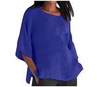 Masrin Baumwoll Leinen Bluse Damen Oversized 3/4 Ärmeln Oberteile Retro Einfarbig Tshirt Dreiviertelärmel Pullover mit O-Ausschnitt Große Größen Longtops Lose All-Match Bluse Shirt Shirtbluse