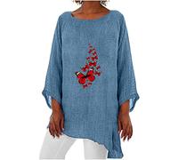 Masrin Baumwoll Leinen Bluse Damen Oversized 3/4 Ärmeln Oberteile Retro Schmetterling Druck Tshirt Dreiviertelärmel Pullover mit Rundhals Große Größen Longtops All-Match Tunika Bluse Locker Hemdbluse