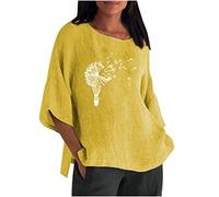 Masrin Baumwoll Leinen Bluse Damen Oversized 3/4 Ärmeln Oberteile Vintage Löwenzahn Druck Tshirt Dreiviertelärmel Pullover mit Rundhals Große Größen Longbluse Lose All-Match Shirtbluse Strandtunika