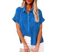 Masrin Bluse Damen Button Down Hemden Shirt aus Baumwoll Leinen Kurzarm Hemdbluse mit Revers Einfarbige Oberteile Urlaub Freizeithemd Tops Hemdbluse Blusenshirt Sommer Strandshirt S-5XL