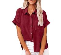 Masrin Bluse Damen Button Down Hemden Shirt aus Baumwoll Leinen Kurzarm Hemdbluse mit Revers Einfarbige Oberteile Urlaub Freizeithemd Tops Hemdbluse Blusenshirt Sommer Strandshirt S-5XL