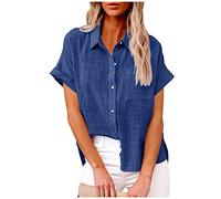 Masrin Bluse Damen Button Down Hemden Shirt aus Baumwoll Leinen Kurzarm Hemdbluse mit Revers Einfarbige Oberteile Urlaub Freizeithemd Tops Hemdbluse Blusenshirt Sommer Strandshirt S-5XL