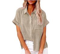 Masrin Bluse Damen Button Down Hemden Shirt aus Baumwoll Leinen Kurzarm Hemdbluse mit Revers Einfarbige Oberteile Urlaub Freizeithemd Tops Hemdbluse Blusenshirt Sommer Strandshirt S-5XL