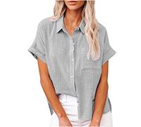 Masrin Bluse Damen Button Down Hemden Shirt aus Baumwoll Leinen Kurzarm Hemdbluse mit Revers Einfarbige Oberteile Urlaub Freizeithemd Tops Hemdbluse Blusenshirt Sommer Strandshirt S-5XL