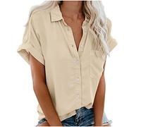Masrin Bluse Damen Sommer Kurzarm Tops mit Tasche Modisches einfarbiges Hemd Oberteile Kurzärmlige Hemdbluse mit Revers Bluse mit Knöpfen vorne offen Blusentops Blusenshirt Shirtbluse S-3XL