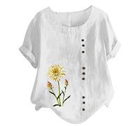 Masrin Bluse für Damen Tshirt aus Baumwoll Leinen Lässiges Blumen Druck T-Shirt Sommer Kurzarm Oberteile Rundhals Pullover Plus Size Freizeithem Lockere Bluse Tops Große Größe Pulli Shirt Blusentops