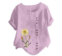 Masrin Bluse für Damen Tshirt aus Baumwoll Leinen Lässiges Blumen Druck T-Shirt Sommer Kurzarm Oberteile Rundhals Pullover Plus Size Freizeithem Lockere Bluse Tops Große Größe Pulli Shirt Blusentops