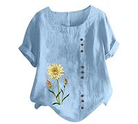 Masrin Bluse für Damen Tshirt aus Baumwoll Leinen Lässiges Blumen Druck T-Shirt Sommer Kurzarm Oberteile Rundhals Pullover Plus Size Freizeithem Lockere Bluse Tops Große Größe Pulli Shirt Blusentops