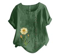 Masrin Bluse für Damen Tshirt aus Baumwoll Leinen Lässiges Blumen Druck T-Shirt Sommer Kurzarm Oberteile Rundhals Pullover Plus Size Freizeithem Lockere Bluse Tops Große Größe Pulli Shirt Blusentops