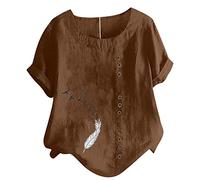 Masrin Bluse für Damen Tshirt aus Baumwoll Leinen Lässiges Feder Druck T-Shirt Sommer Kurzarm Oberteile Rundhals Pullover Plus Size Freizeithem Lockere Bluse Tops Große Größe Pulli Shirt Blusentops