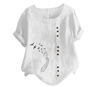 Masrin Bluse für Damen Tshirt aus Baumwoll Leinen Lässiges Feder Druck T-Shirt Sommer Kurzarm Oberteile Rundhals Pullover Plus Size Freizeithem Lockere Bluse Tops Große Größe Pulli Shirt Blusentops