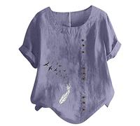 Masrin Bluse für Damen Tshirt aus Baumwoll Leinen Lässiges Feder Druck T-Shirt Sommer Kurzarm Oberteile Rundhals Pullover Plus Size Freizeithem Lockere Bluse Tops Große Größe Pulli Shirt Blusentops