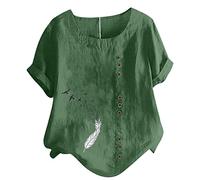 Masrin Bluse für Damen Tshirt aus Baumwoll Leinen Lässiges Feder Druck T-Shirt Sommer Kurzarm Oberteile Rundhals Pullover Plus Size Freizeithem Lockere Bluse Tops Große Größe Pulli Shirt Blusentops