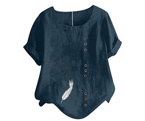 Masrin Bluse für Damen Tshirt aus Baumwoll Leinen Lässiges Feder Druck T-Shirt Sommer Kurzarm Oberteile Rundhals Pullover Plus Size Freizeithem Lockere Bluse Tops Große Größe Pulli Shirt Blusentops