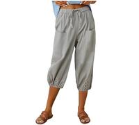 Masrin Caprihose Damen Sommer 3/4 Hose Leicht Leinenhose mit Taschen Einfarbige Chinohose Elastische Taillen Stoffhose Sommerhose Regular Fit Freizeithose Laufhose Strandhose Sporthose Arbeitshose