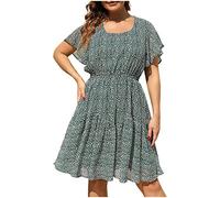 Masrin Damen A-Linie Kleid Sommer Flare Ärmel V-Ausschnitt Skaterkleid Mit Schärpen Lässiger Blumendruck Schlitz Knielanges Kleid Urlaub Strandkleid Partykleid