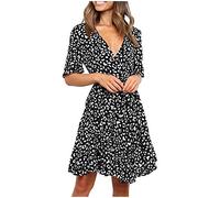 Masrin Damen A-Linie Kleid Sommer Flare Ärmel V-Ausschnitt Skaterkleid Mit Schärpen Lässiger Blumendruck Schlitz Knielanges Kleid Urlaub Strandkleid Partykleid