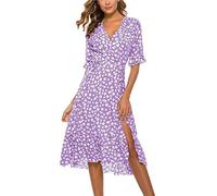 Masrin Damen A-Linie Kleid Sommer Flare Ärmel V-Ausschnitt Skaterkleid Mit Schärpen Lässiger Blumendruck Schlitz Knielanges Kleid Urlaub Strandkleid Partykleid