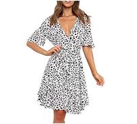 Masrin Damen A-Linie Kleid Sommer Flare Ärmel V-Ausschnitt Skaterkleid Mit Schärpen Lässiger Blumendruck Schlitz Knielanges Kleid Urlaub Strandkleid Partykleid