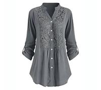 Masrin Damen Hemd Elegante modische Patchwork-Oberteile aus Spitze Herbst einfarbige Hemden Plus Size Stehkragen Langarm Bluse mit unregelmäßigem Saum(L,Grau)