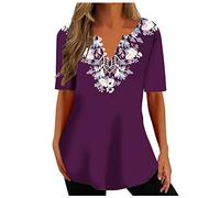 Masrin Damen Longshirt Lang Bluse mit Knopfleiste Elegant Blumen Druck Tshirt Oberteile Sommer V-Ausschnitt Kurzärmlige Tops Elegant Long T-Shirt Loose Fit Bluse Shirts Lose Jumper T Shirt Für Frauen