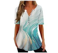 Masrin Damen Longshirt Lang Bluse mit Knopfleiste Elegant Blumen Druck Tshirt Oberteile Sommer V-Ausschnitt Kurzärmlige Tops Elegant Long T-Shirt Loose Fit Bluse Shirts Lose Jumper T Shirt Für Frauen