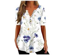 Masrin Damen Longshirt Lang Bluse mit Knopfleiste Elegant Blumen Druck Tshirt Oberteile Sommer V-Ausschnitt Kurzärmlige Tops Elegant Long T-Shirt Loose Fit Bluse Shirts Lose Jumper T Shirt Für Frauen