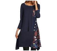 Masrin Damen Minikleid Modisches Skaterkleid mit Blumenmotiv Herbst Langarm Pullover Kleid Kleid in A-Linie mit O-Ausschnitt und Patchwork Party Kleid Strandkleid