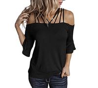 Masrin Damen Oberteile Lässige einfarbige schulterfreie Bluse Sexy Slash Neck Sling Tunika Cold Shoulder Pullover mit Dreiviertelärmeln T Shirt mit ausgestellten Ärmeln Bequeme Tees