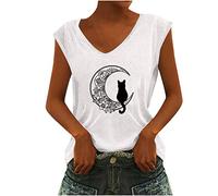 Masrin Damen Sommer Tank Tops Oberteile Mode Katze Tierdruck Tshirt V-Ausschnitt Ärmellos Sommershirt All-Match Bluse Shirt Bequem Shirtbluse Daily Shirts Kurzarm T-Shirts für Frauen Strandtunika
