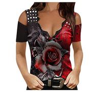 Masrin Damen T-Shirt Lässige Tops mit bunten Blumen und Schmetterlingen Butterfly Sommer Tiefer V-Ausschnitt Schulterfrei Kurzarm Tunika Schmale Hemdbluse
