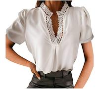 Masrin Damen Tops Casual Einfarbig Kurzarm T-Shirt Deep-V-Ausschnitt Spitze Hollow Out Stehkragen Slim Pullover Bluse (S,Weiß)