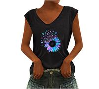 Masrin Damen Trendige Sommer Oberteile Tank Tops Sonnenblume Motiv Tshirt V-Ausschnitt Ärmellos Sommershirt All-Match Bluse Shirt Bequem Bluseshirt Daily Shirts Kurzarm T-Shirts für Frauen Streetwear