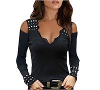 Masrin Elegante Oberteile für Damen Einfarbiges Basic-Hemd Sommer Herbst Schulterfreier Pullover Spitzentunika mit V-Ausschnitt und Langen Ärmeln Hot Drilling Slim Bluse(L,Schwarz)