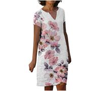 Masrin Etuikleid Damen Retro Leinenkleid mit Blumendruck Kurzärmeliges Sommerkleid mit V Ausschnitt Locker geschnittenes gerades Kleid Figurbetontes Kleider Knielang Urlaub Strandkleid Freizeitkleid