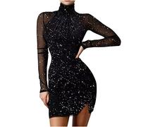Masrin Glänzendes Paillettenkleid für Damen Kleider Sexy einfarbiges Etuikleid Rollkragen Langarm Minikleid Schlankes Figurbetontes Kleid Mesh Ärmel Clubkleid Karnevalskleid Partykleid Ballkleid